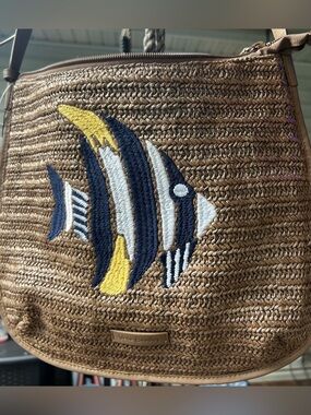 Vera Bradley Navy, Yellow & White Fish Embroidered Straw Tote